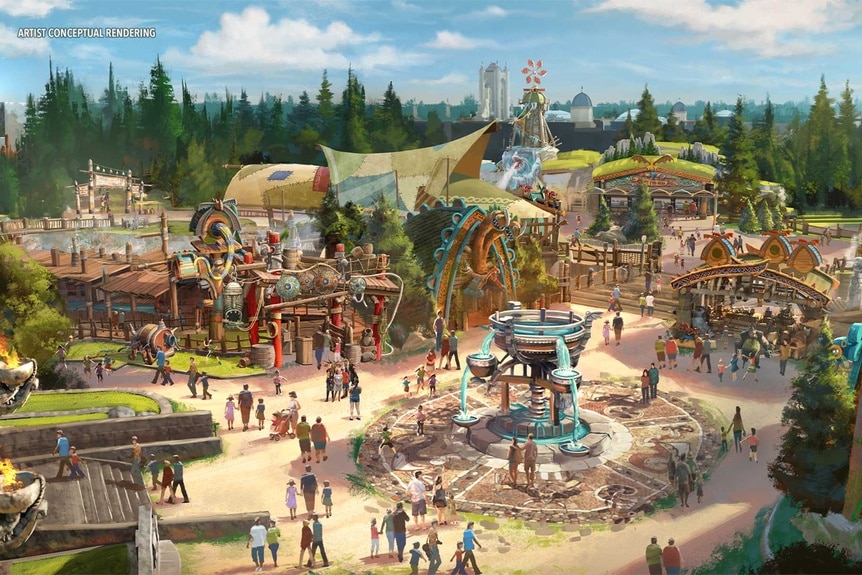 An Artist rendering of the How To Train Your Dragon - Isle of Berk's Village Plaza